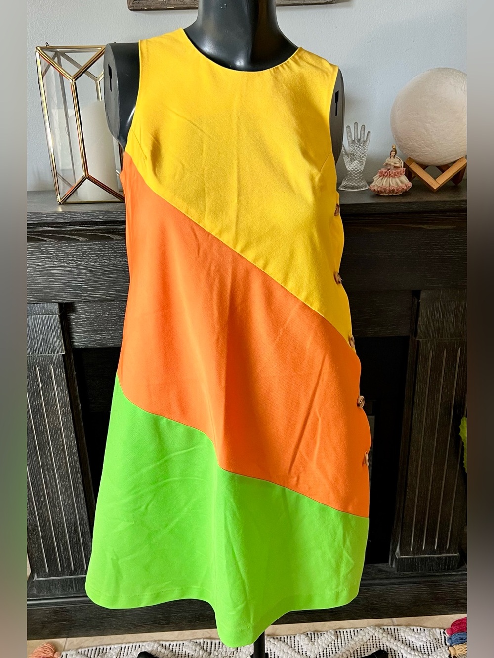 Vintage 60s/70s Mod Style Yellow Orange & Green Striped Dress By Happenings